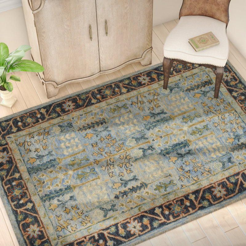 Astoria Grand Watertown HandHooked Wool Light Blue/Dark Blue Area Rug